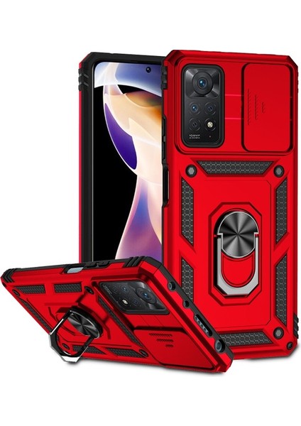 Xiaomi Redmi Note 11 Pro/note 11 Pro 5g Için Halka Ayaklı ve Kayar Kamera Kapaklı Telefon Koruyucu Kılıf Kırmızı (Yurt Dışından)