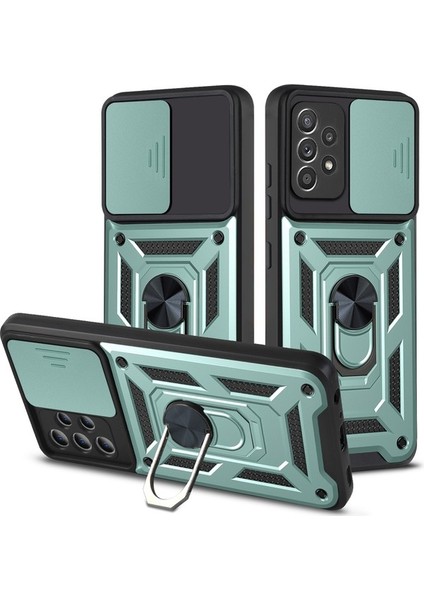 Samsung Galaxy A32 5g Ince Kaydırmalı Kamera Kapaklı ve Halka Tutucu Standlı Sağlam Zırh Koruma Çantası Siyah (Yurt Dışından)