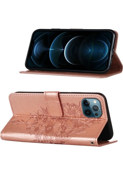 iPhone 12 Pro Max Için Kelebek Pu Deri Çevirmeli Cüzdan Stand Telefon Kılıfı - Yeşil (Yurt Dışından)