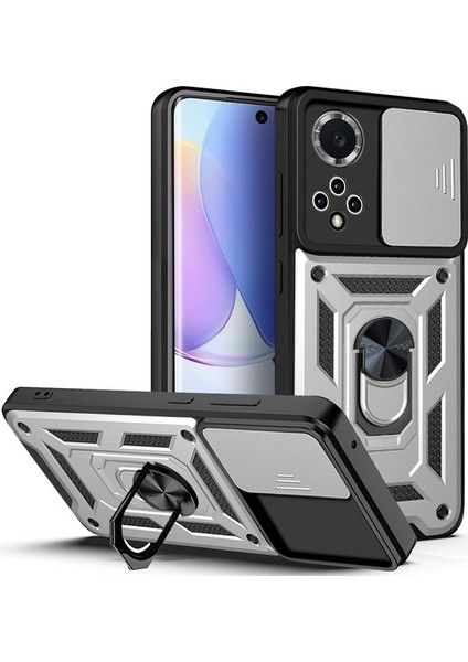 Huawei Nova 9 Için Kaydırmalı Kamera Kapaklı ve Halka Tutucu Standlı Sağlam Zırh Koruma Çantası Rose Gold - Rose Gold (Yurt Dışından)