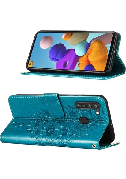 Galaxy A21 Için Kelebek Pu Deri Çevirmeli Cüzdan Stand Telefon Kılıfı - Mor (Yurt Dışından)