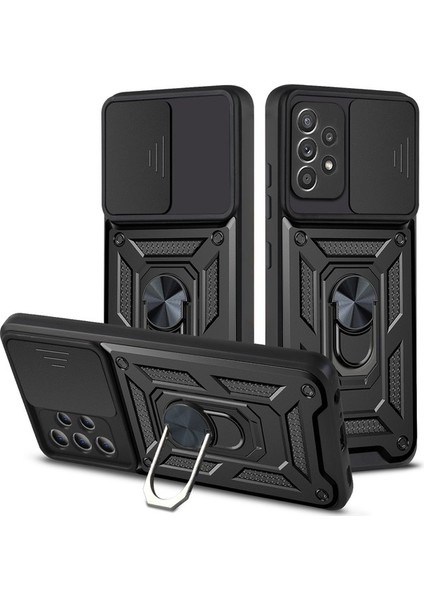 Samsung Galaxy A32 5g Ince Kaydırmalı Kamera Kapaklı ve Halka Tutucu Standlı Sağlam Zırh Koruma Çantası Siyah (Yurt Dışından)