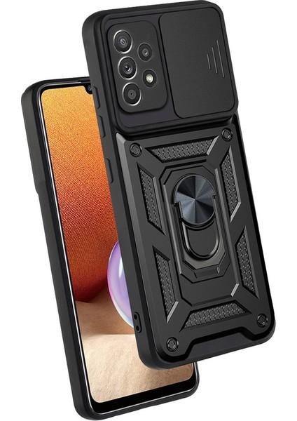 Samsung Galaxy A32 5g Ince Kaydırmalı Kamera Kapaklı ve Halka Tutucu Standlı Sağlam Zırh Koruma Çantası Siyah (Yurt Dışından)