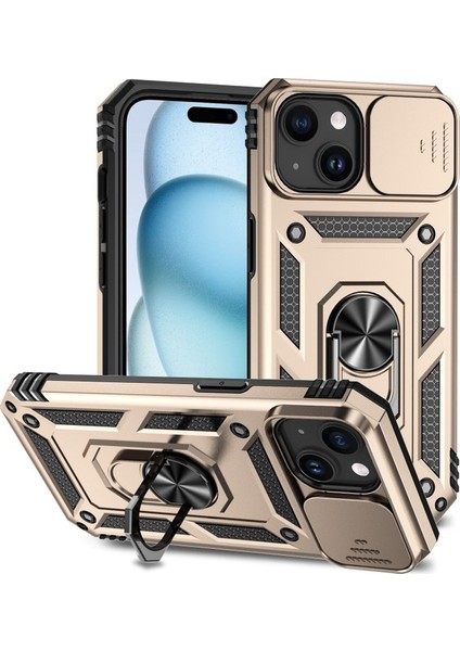 iPhone 15 Plus Için Halka Ayaklı ve Kayar Kamera Kapaklı Telefon Kılıf - Yeşil (Yurt Dışından)
