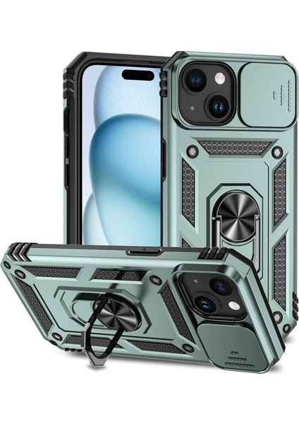 iPhone 15 Plus Için Halka Ayaklı ve Kayar Kamera Kapaklı Telefon Kılıf - Yeşil (Yurt Dışından)