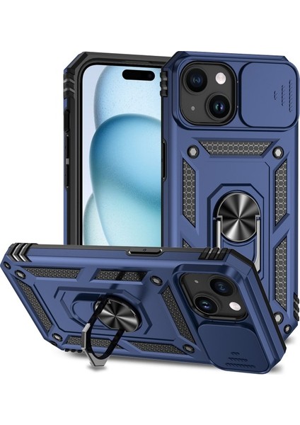 iPhone 15 Plus Için Halka Ayaklı ve Kayar Kamera Kapaklı Telefon Kılıf - Yeşil (Yurt Dışından)