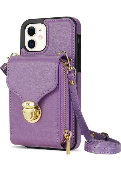 Apple iPhone 11 Pu Deri Kaplamalı Tpu Kart Yuvası Telefon Kılıf Stand Crossbody Fermuar Kapak Black (Yurt Dışından)