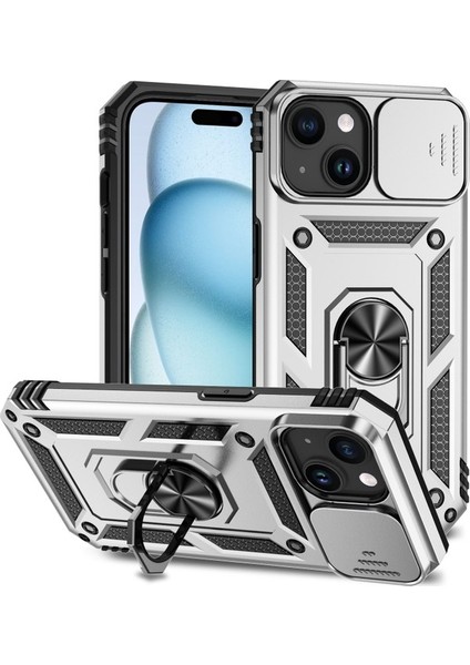 iPhone 15 Plus Için Halka Ayaklı ve Kayar Kamera Kapaklı Telefon Kılıf - Yeşil (Yurt Dışından)