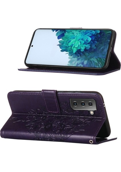 Galaxy S21 5g Için Kelebek Pu Deri Çevirmeli Cüzdan Stand Telefon Kılıfı - Gri (Yurt Dışından)