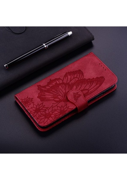 Samsung Galaxy S20 Artı Retro Çevirme Cüzdanı Kabartma Kelebek Kapak - Kırmızı (Yurt Dışından)