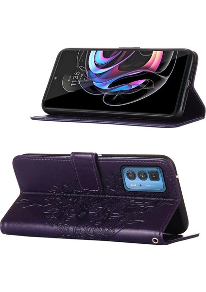 Edge 20 Pro Için Kelebek Pu Deri Çevirmeli Cüzdan Stand Telefon Kılıfı - Gri (Yurt Dışından)