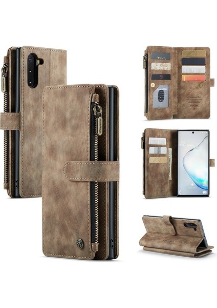Samsung Galaxy Note 10 Için Vintage Pu Deri Çok Fonksiyonlu Flip Cüzdan Fermuar Kılıf Kart Yuvaları Standı Kapağı Kırmızı (Yurt Dışından)