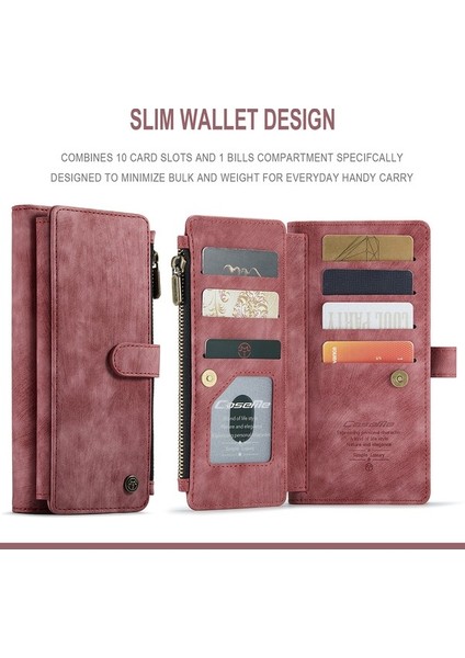 Samsung Galaxy Note 10 Için Vintage Pu Deri Çok Fonksiyonlu Flip Cüzdan Fermuar Kılıf Kart Yuvaları Standı Kapağı Kırmızı (Yurt Dışından) modelleri