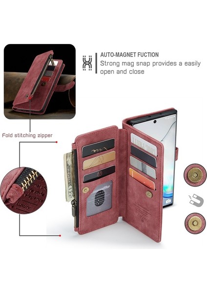 Samsung Galaxy Note 10 Için Vintage Pu Deri Çok Fonksiyonlu Flip Cüzdan Fermuar Kılıf Kart Yuvaları Standı Kapağı Kırmızı (Yurt Dışından) fırsatları