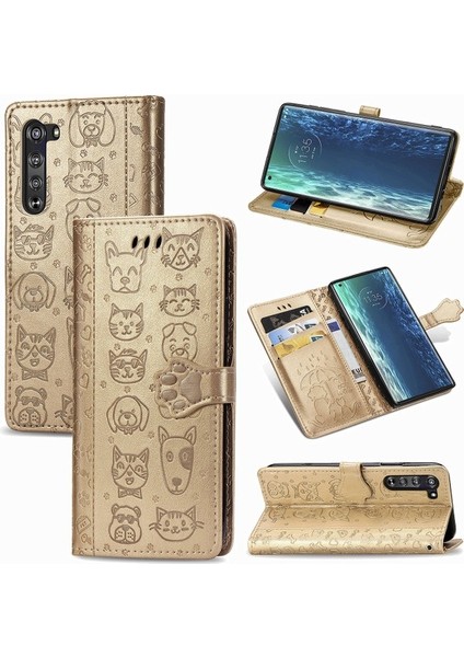 Case Motorola Moto Edge Çevir Cüzdan Kabartmalı Kapak Etui Housse Kedi Köpek Desen - Altın (Yurt Dışından)