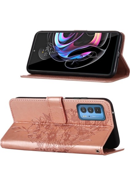 Edge 20 Pro Için Kelebek Pu Deri Çevirmeli Cüzdan Stand Telefon Kılıfı - Gri (Yurt Dışından)