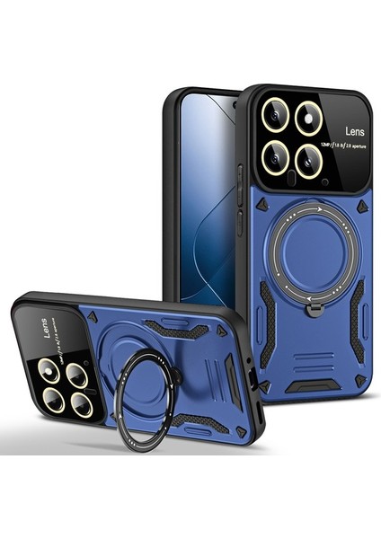 Xiaomi 14 Pro Için Çift Katmanlı Manyetik Halka Lens Standı Telefon Kılıfı - Kırmızı (Yurt Dışından)