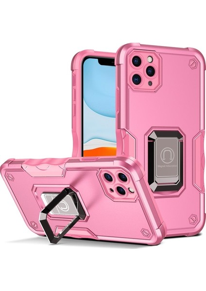 iPhone 11 Pro Için Metal Halka Tutucu Stand Çift Katmanlı Telefon Koruyucu Kılıf Pembe (Yurt Dışından)