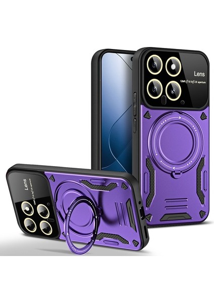 Xiaomi 14 Pro Için Çift Katmanlı Manyetik Halka Lens Standı Telefon Kılıfı - Kırmızı (Yurt Dışından)