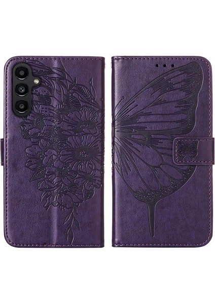 Samsung Galaxy A05S Için Kelebek Pu Deri Çevirmeli Cüzdan Stand Telefon Kılıfı - Mor (Yurt Dışından)