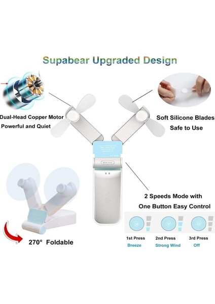 Taşınabilir El Fanı Kişisel Mini Cep Fanı USB Şarj Edilebilir El Fanları 2 Hızlı Çift Kafa Güçlü Rüzgar (Yurt Dışından)