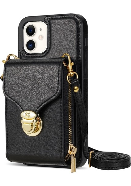 Apple iPhone 11 Pu Deri Kaplamalı Tpu Kart Yuvası Telefon Kılıf Stand Crossbody Fermuar Kapak Black (Yurt Dışından)