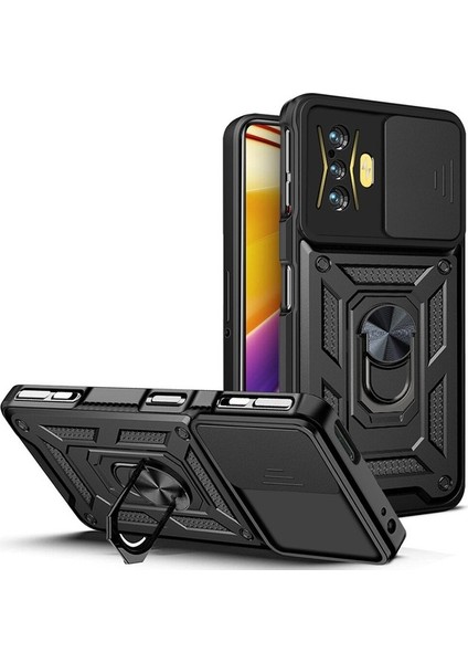Xiaomi Poco F4 Gt Için Halka Ayaklı ve Kayar Kamera Kapaklı Telefon Kılıf (Yurt Dışından)