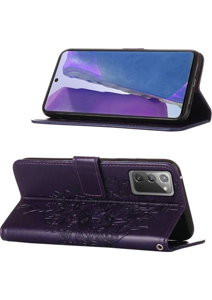 Galaxy Note 20 4g / 5g Için Kelebek Pu Deri Çevirmeli Cüzdan Stand Telefon Kılıfı - Açık Mor (Yurt Dışından)