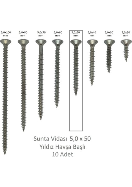 Sunta Vidası 5,0X50, 10 Adet Tam Diş Snt Yhb Vida