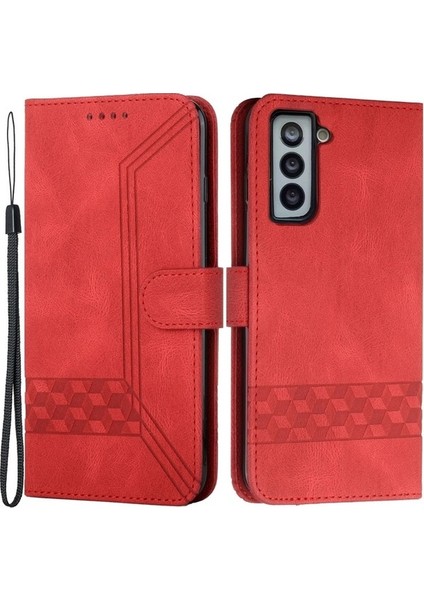 Galaxy S22 Için Yx 0010 Standlı Darbeye Dayanıklı Eşkenar Dörtgen Desenli Deri Cüzdan Kılıf - Kırmızı (Yurt Dışından)