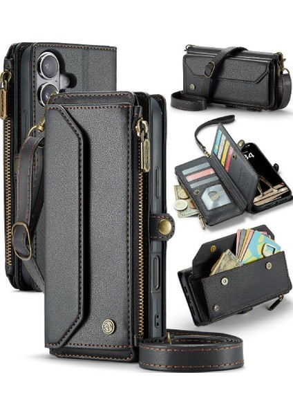 IPhone 16 Plus Vaka Cüzdan Fermuar Faturaları Yuvası Kartı Için Crossbody Flip Case (Yurt Dışından)