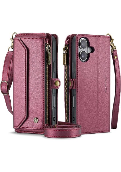 IPhone 16 Plus Vaka Cüzdan Fermuar Faturaları Yuvası Kartı Için Crossbody Flip Case (Yurt Dışından)
