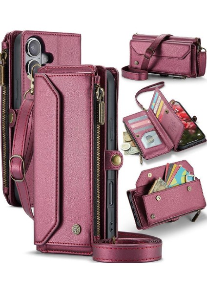 IPhone 16 Plus Vaka Cüzdan Fermuar Faturaları Yuvası Kartı Için Crossbody Flip Case (Yurt Dışından) modelleri