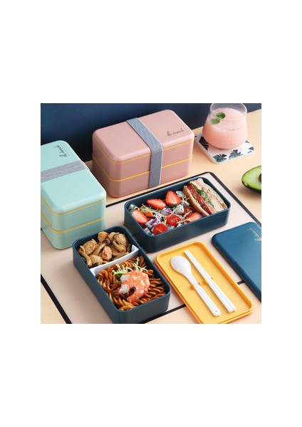 Bento Kutusu Çatal Bıçak Takımı ile Çift Plastik Öğle Yemeği Kutusu Öğrenciler Öğle Yemeği Kutusu ile Yetişkin Bölmesi Koruma Kutusu (Yurt Dışından)