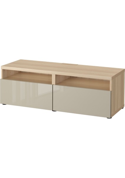 Tv Sehpası, Ağartılmış Meşe Görünümlü-Parlak Cila-Bej, 120X42X39 Cm, Selsvıken, Çıt Çıt Raylı