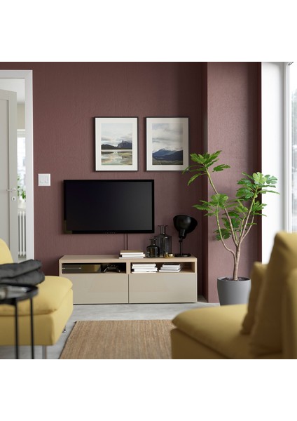 Tv Sehpası, Ağartılmış Meşe Görünümlü-Parlak Cila-Bej, 120X42X39 Cm, Selsvıken, Çıt Çıt Raylı modelleri