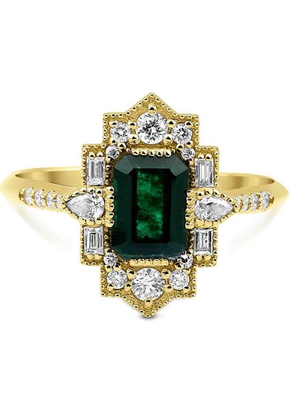 Midori Zümrüt ve Pırlantalı Art Deco 14 Ayar Altın Kadın Yüzük