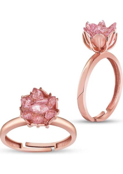 Gümüş Rose Pembe Lotus Çiçeği Yüzük