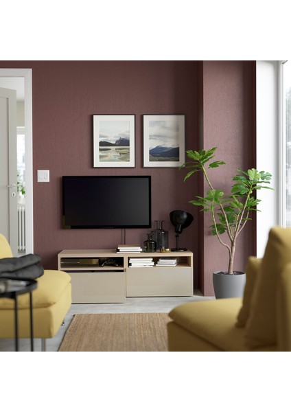 Tv Sehpası, Ağartılmış Meşe Görünümlü-Parlak Cila-Bej, 120X42X39 Cm, Selsvıken, Fren Raylı fiyatları