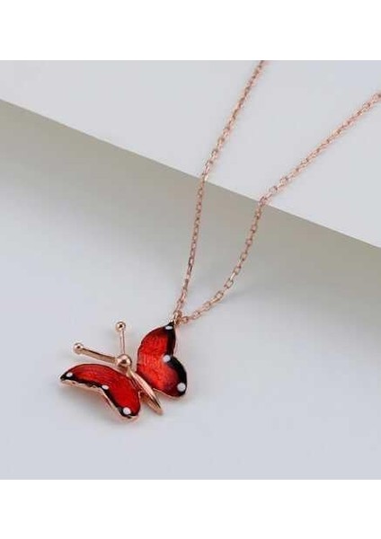 Gümüş Rose Kırmızı Kelebek Kolye fiyatları