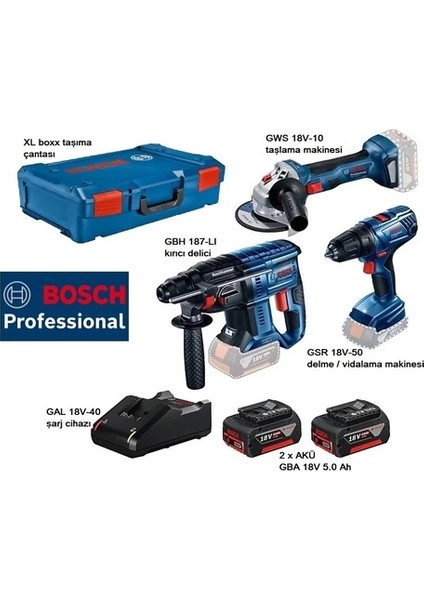 Gbh 187-LI + Gws 18V-10 + Gsr 18V-50 2x5,0 Ah Akülü Set