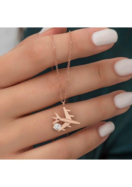 Gümüş Rose Tek Taşlı Uçak Kadın Kolye