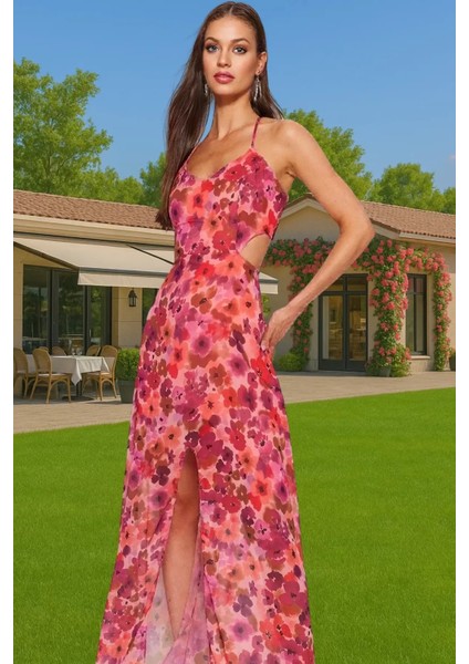 Yazlık Astarlı V Yaka Çiçekli Şifon Maxi Elbise A Kesim Uzun Ömürlü Rahat Kullanım Konforlu Kesim