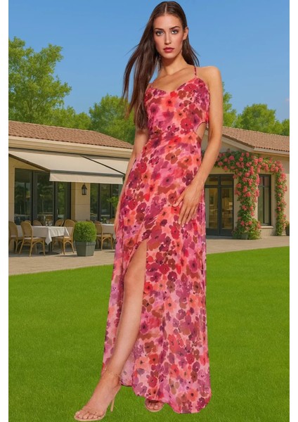 Yazlık Astarlı V Yaka Çiçekli Şifon Maxi Elbise A Kesim Uzun Ömürlü Rahat Kullanım Konforlu Kesim fiyatları
