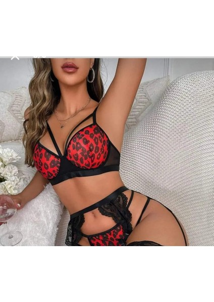 Kadın Siyah Kırmızı Gecelik Leopar Desenli Iç Çamaşırı Takımı Sexy Jartiyer Çoraplı Tangalı Fantaazi Giysi fırsatları