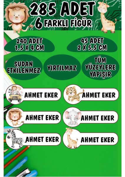 Okul Etiketi Kalem Defter Etiketi Yavru Safari Hayvanları Özel Isimli Etiket 6 Figür - 285 Adet