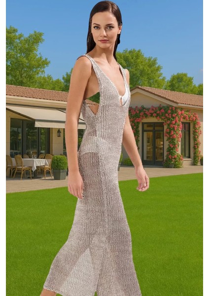 Yazlık Bodycon Triko Elbise V Yaka Maxi Plaj Stilleri Mükemmel Uyum Rahat Kullanım Şık Görünüm