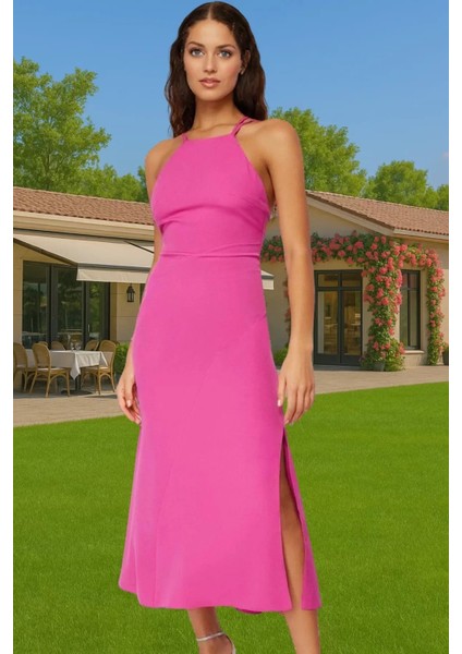 Şık Halter Yaka Maxi Abiye Elbise Polyester Elastan Karışımı A Line Kalıp Kaliteli Işçilik fiyatları