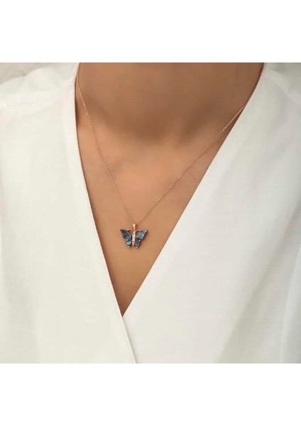 Gümüş Rose Antrasit Kaplangözü Taşlı Kelebek Kolye fiyatları