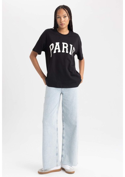 Oversize Fit Bisiklet Yaka Kısa Kollu Pamuk TIŞÖRT B0661AX23SM fiyatları